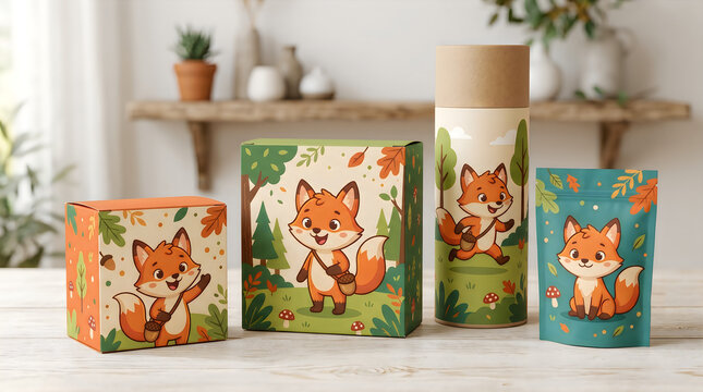 Colorful cartoon fox packaging on wooden table in bright room