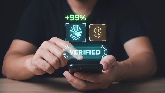 Business Man Uses Smartphone to Verify Biometric Payment, Confirm Financial Transaction, Authenticate Secure Access, and Approve Money Transfer