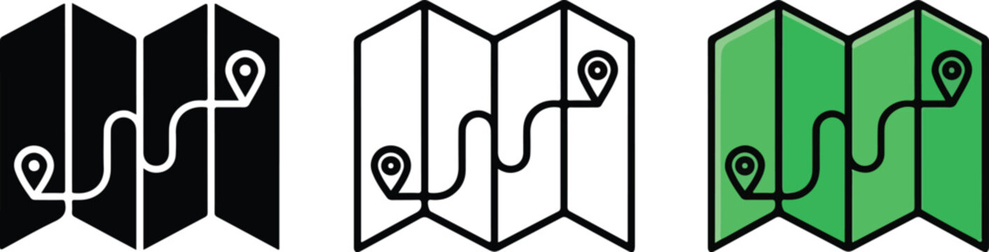 Modern minimalist map pin icons connected by line paths on three different colored background panels