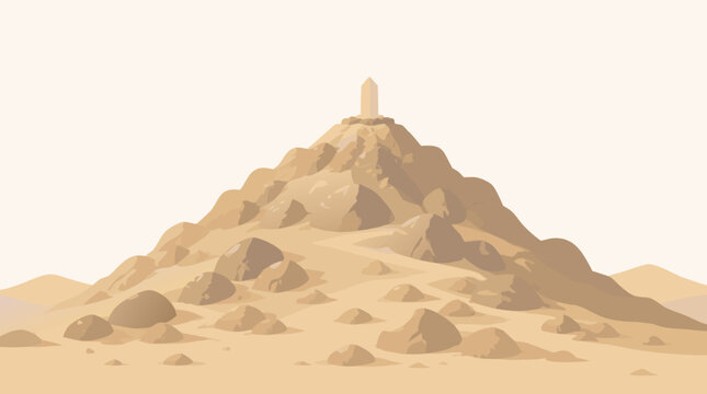A sandy desert mountain peak with a stone pillar at its summit representing Arafat Day rendered as a flat vector illustration perfect for Islamic cultural religious and spiritual themed designs.