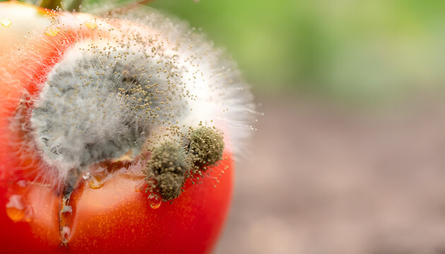 A macro close-up of a rotting red tomato covered in thick white mold and fuzzy fungal spores on a blurred background, representing plant diseases, crop decay, and food waste.