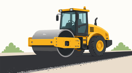 Fototapeta premium Road roller machine compressing and flattening fresh hot asphalt at a paving site, flat vector illustration suitable for construction and infrastructure design projects.