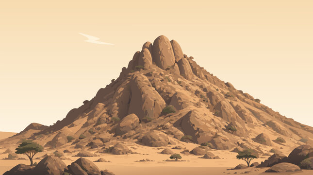 A rocky desert mountain peak with sparse vegetation in a flat landscape rendered as a flat vector illustration ideal for nature landscape environment and outdoor scenery themed commercial designs.