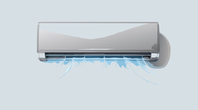 Air conditioner wall unit blowing cold blue air on a bright background, flat vector illustration ideal for HVAC, home appliance, and summer cooling product designs.