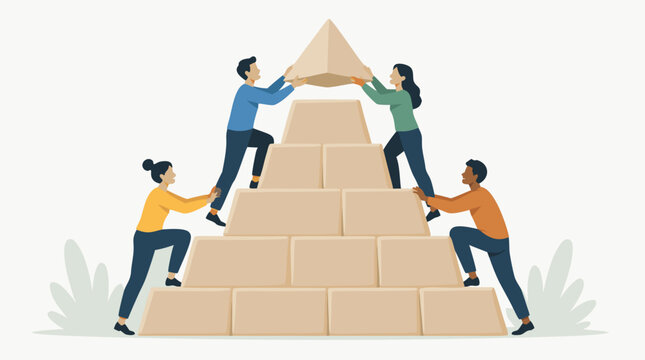 Diverse team of four people collaborating to place the final pyramid capstone block at the top together, flat vector illustration ideal for teamwork and collective achievement designs.