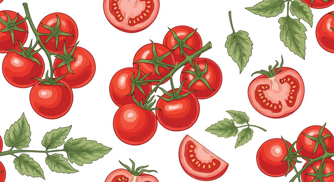 Seamless vector pattern of ripe red tomatoes, tomato slices, and green leaves arranged on a clean background. Perfect for food packaging, kitchen textiles, wallpapers, menus, and organic branding