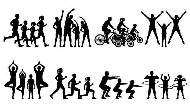 Diverse collection of active family silhouettes performing healthy fitness exercises including running, yoga, cycling, and jumping for a wellness concept art.