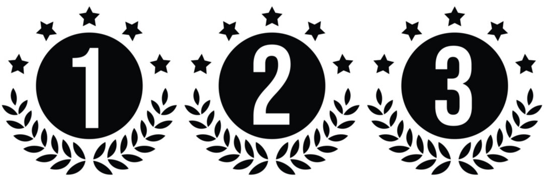1st, 2nd, and 3rd place winners, perfect for sports competitions, awards, Black and white vector icons rank badges.