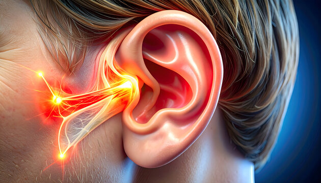 Human ear experiencing pain and inflammation concept