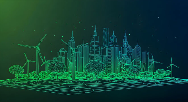 Green energy sustainable city concept with wind turbines and digital wireframe buildings on a dark background