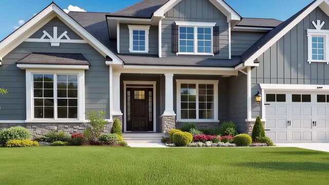 House View in a Suburban Area With a Blue Sky and Clouds Showcasing the Design and Landscaping in the Front Yard on a Sunny Day