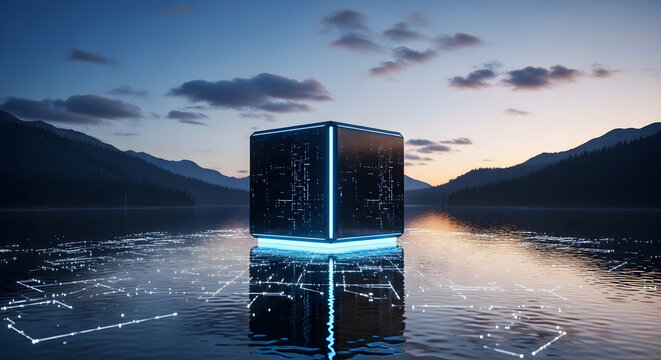 Futuristic glowing data cube floating on a calm lake surface at sunset with digital network grid