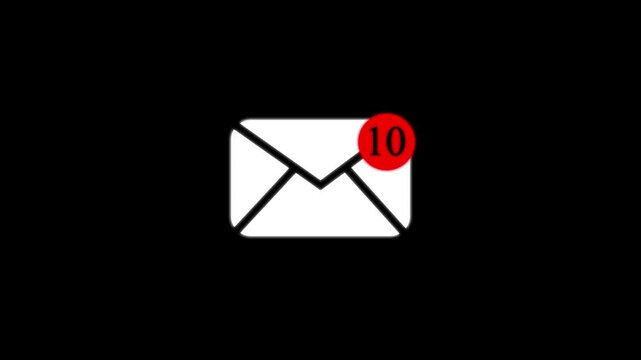 White envelope with a red notification badge showing the number ten on a solid black background representing a new digital email message alert