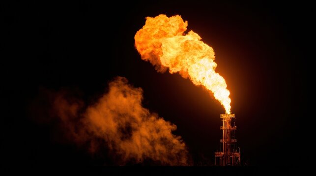 Bright orange flames rise from gas flaring at an oil field under the dark night sky. The scene highlights industrial energy waste.