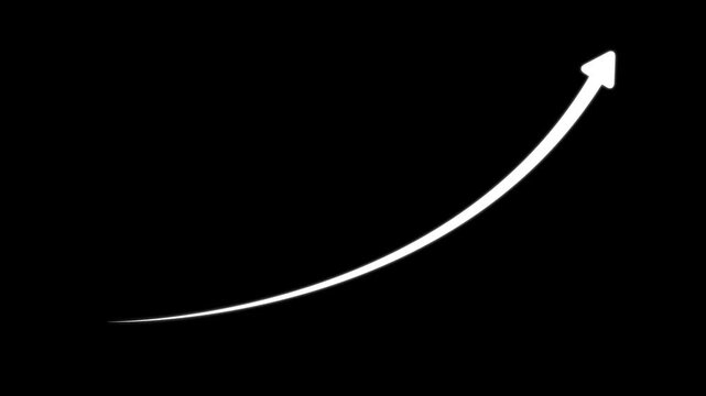 Simple white curved arrow pointing upwards and to the right on a solid black background representing growth progress or direction in digital media