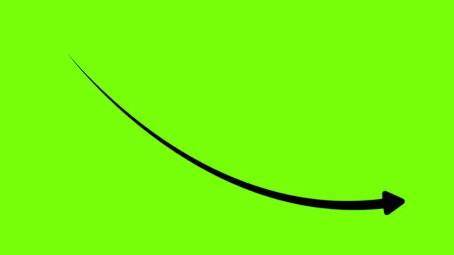 Hand drawn black arrow pointing downwards and to the right on a vibrant green screen background for editing and motion overlay