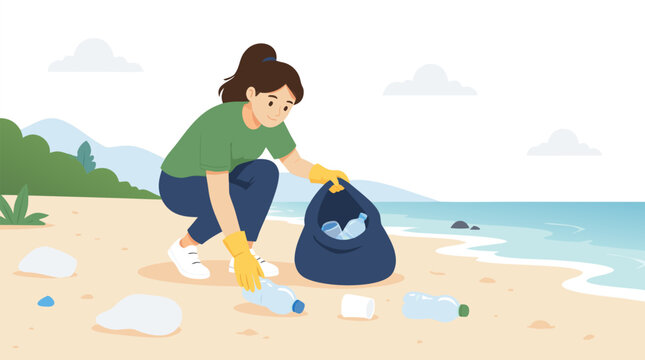 A woman in a green shirt and yellow gloves collecting plastic bottles from a sandy beach into a blue trash bag shown as a flat vector illustration on a light background, suitable for environmental cle