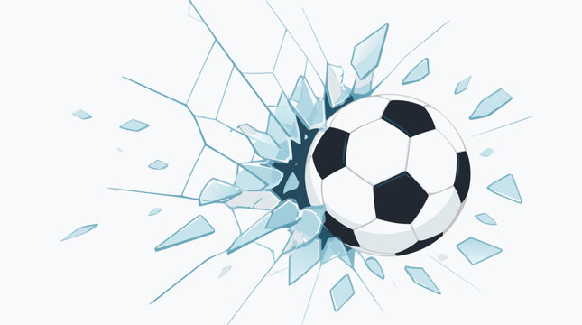 A soccer ball smashes through a glass pane sending shards flying outward in this clean flat vector illustration ideal for powerful sports, impact, and dramatic football advertising designs.