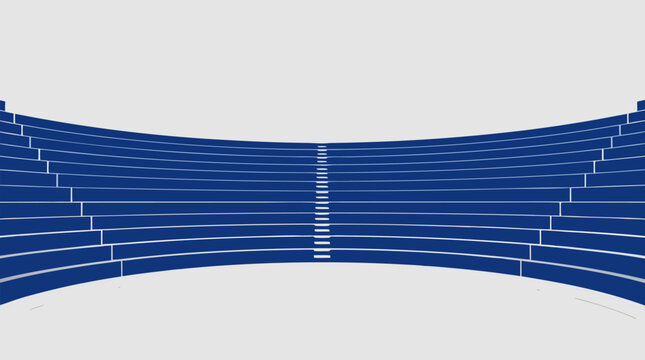 Rows of curved empty blue stadium bleacher seats stretch across a clean light background in this clean flat vector illustration ideal for sports venue, event planning, and stadium atmosphere designs.