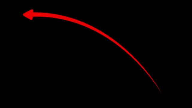 A bright red glowing arrow pointing towards the upper left corner on a solid black background representing direction and movement in digital