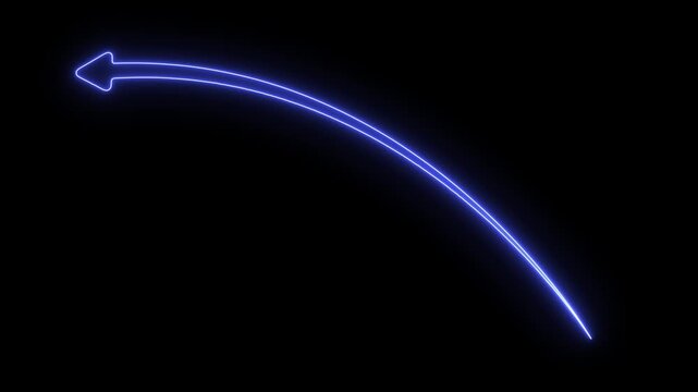 Single curved arrow outline glowing with a bright blue neon light effect isolated on a solid black background for digital interface navigation