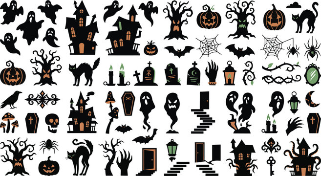 A comprehensive collection of black silhouette icons for halloween featuring haunted houses ghosts pumpkins bats cats trees and spooky graveyard elements isolated
