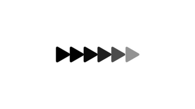 Six horizontal triangular arrow arranged in a row with a gradient transition from black to light grey on a solid white background for ui