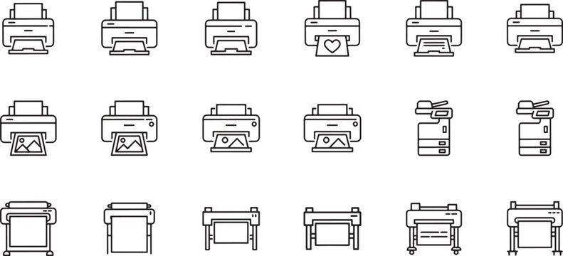 Collection of printer and scanner icons in linear style including professional office equipment for technical design. Vector Illustration