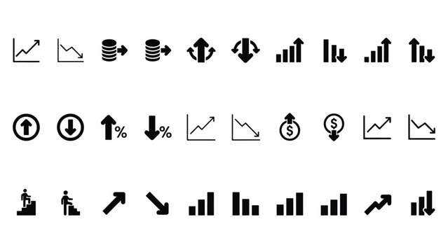 Collection of black and white financial and business growth chart icons on a white background graph