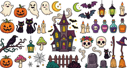 Fototapeta premium Set of various hand drawn halloween elements including haunted house pumpkins ghosts bats skulls potions and black cats on white background