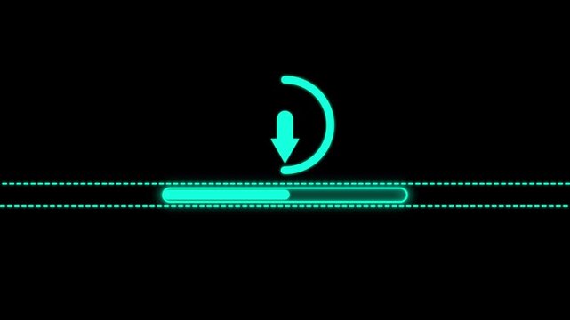 Glowing cyan download progress bar with a downward arrow and dashed lines on a black background for digital interface and software loading