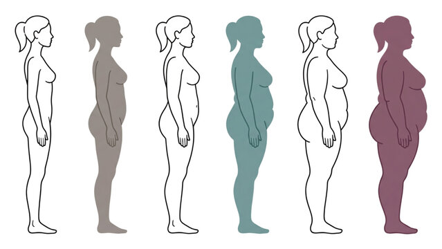 A graphic representation showing the progression of body types from slender to overweight, illustrating changes in body shape and size
