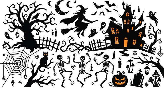 A spooky halloween illustration featuring a flying witch a haunted house skeletons dancing a black cat pumpkins and bats on white background