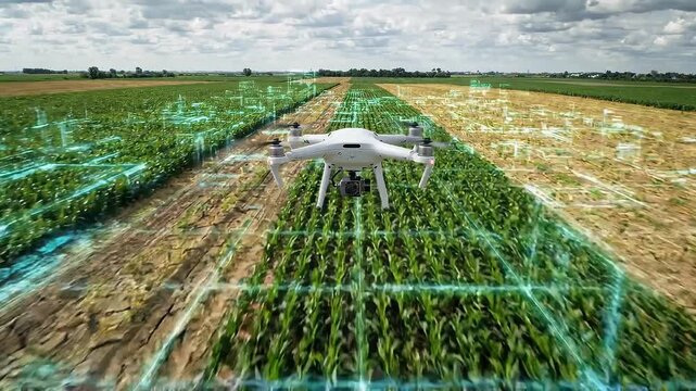 Agricultural drone flying above corn field, scanning crop rows with digital data overlay and precision farming interface on rural farmland beneath open sky for crop monitoring and field analysis