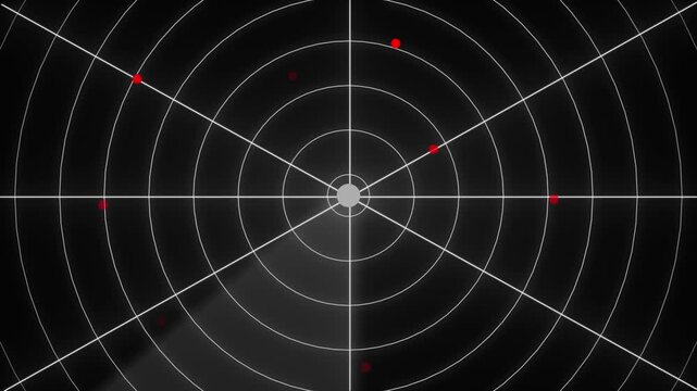Digital radar screen with detected targets and a sweeping circular scan line on a dark background for surveillance and tracking applications