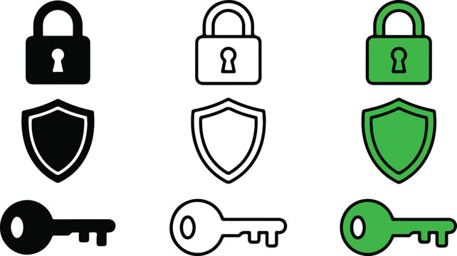 Set of three pairs of security icons featuring padlocks shields and keys in different color styles isolated on transparent background