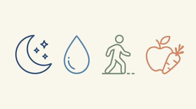 Clean flat vector illustration on a light background showing sleep, hydration, walking exercise, and healthy food icons for wellness routine apps or habit tracker promotions.