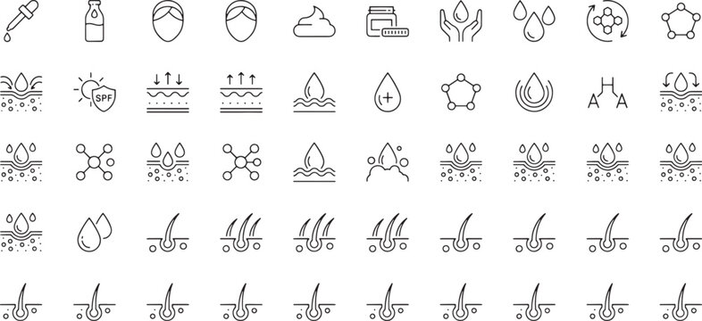 Skin care and dermatology line icons featuring facial treatments hydration layers pores hair follicles serum and science. Vector Illustration