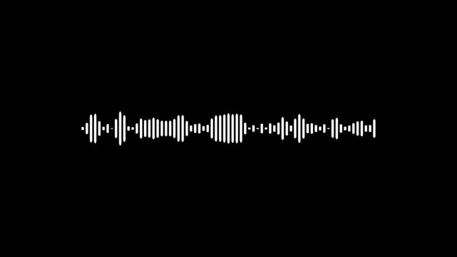 Horizontal audio waveform consisting of white vertical bars of varying heights centered on a solid black background for sound visualization