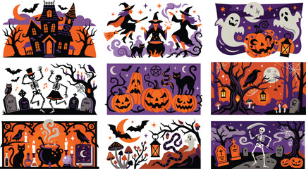 Fototapeta premium Set of nine festive halloween illustrations featuring spooky haunted houses witches ghosts skeletons jack o lanterns and dark creepy forest landscapes for design