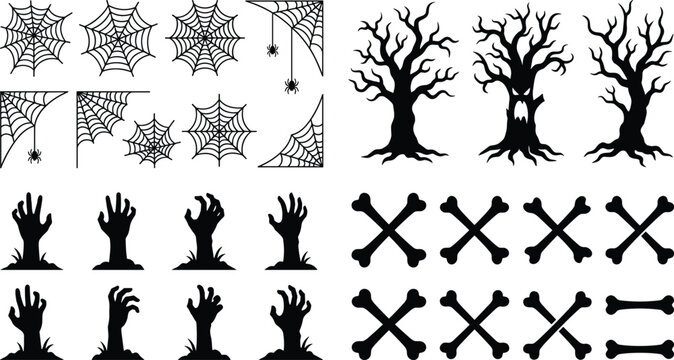 Halloween silhouette vector illustration set with spooky trees spider webs zombie hands rising from ground and crossed bones collection