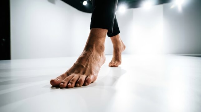 Footless dancer on stage, blurred background suggesting a dance studio