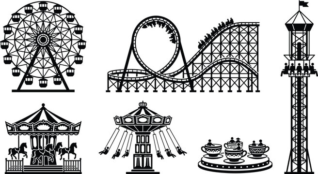 Amusement park rides silhouette vector illustration set with roller coaster ferris wheel carousel swing ride and drop tower isolated
