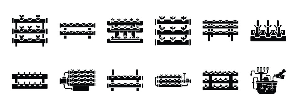 hydroponic channel system icon set, black color and white background