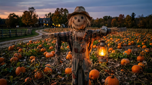 Autumn scarecrow with lantern in pumpkin patch at dusk