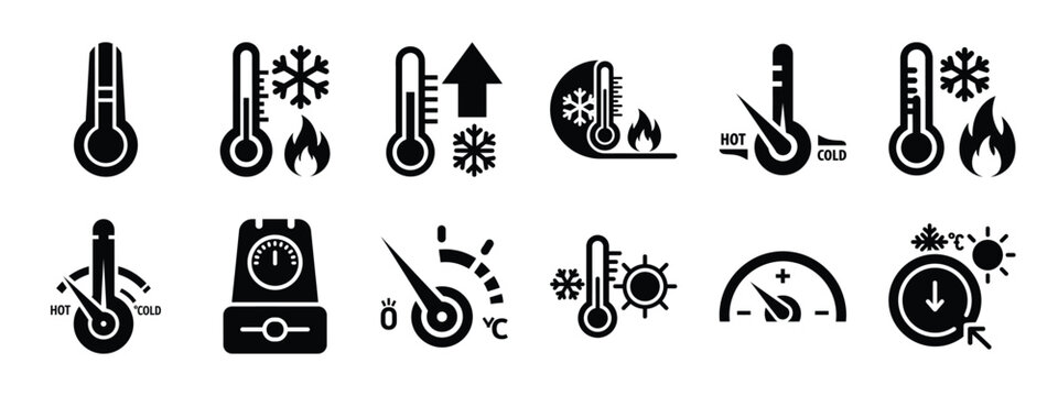 indoor temperature control icon set, black color and white background