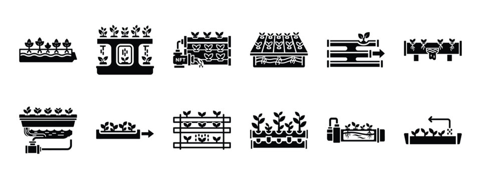 nutrient film technique icon set, black color and white background