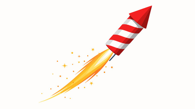 A red and white striped firework rocket soaring upward with an orange flame trail shown as a flat vector illustration on a light background, perfect for Fourth of July celebration graphics, New Year's