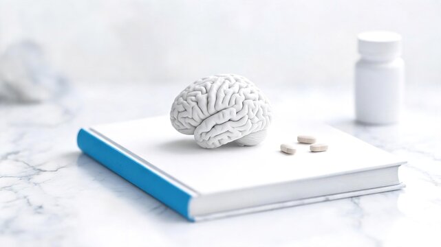 Brain model on book with pills and medicine bottle on marble surface