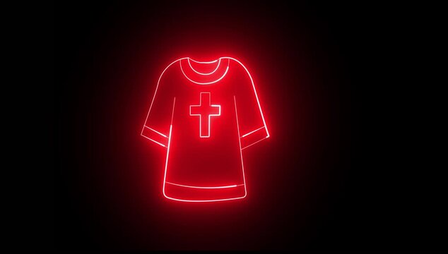 Red neon glowing icon of a religious clerical robe a minimalist light displaying traditional tunic or priestly garment